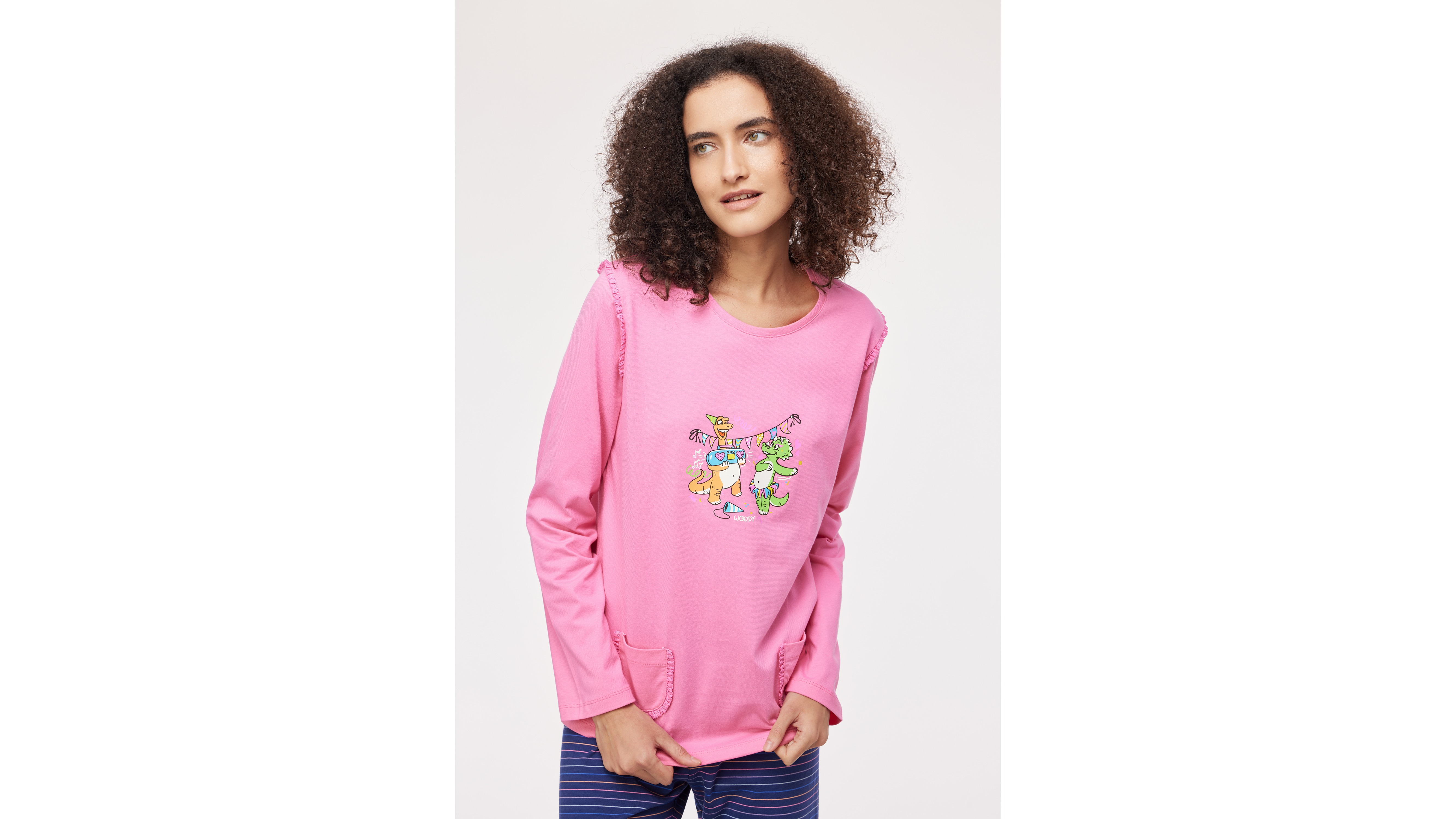 Pyjama Dames Woody Dino Dance Broek Strepen - Roze mood