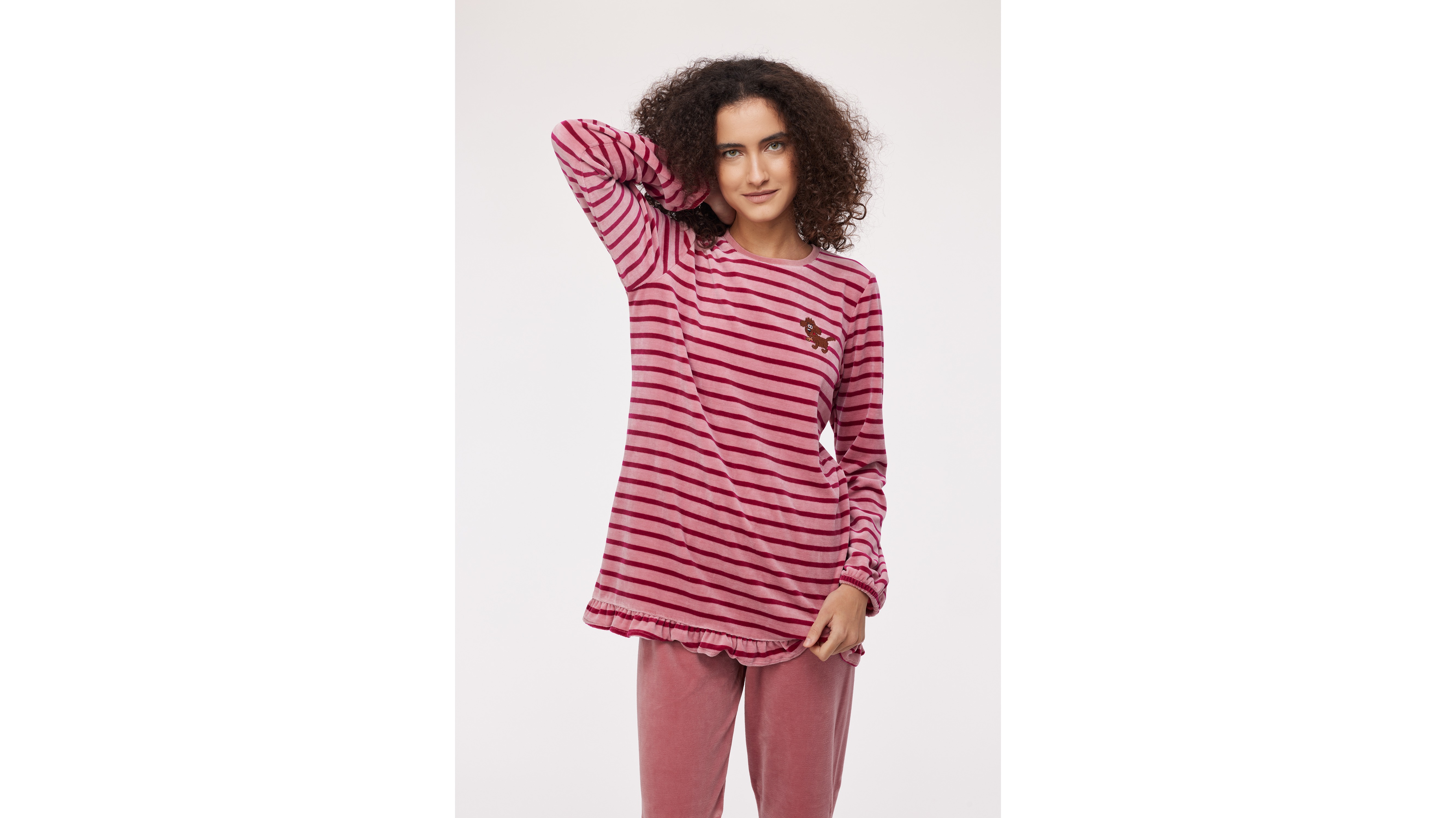 Pyjama Dames Woody Velours Strepen Top - Roze mood