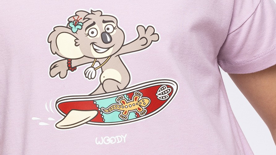 Pyjama Meisjes Woody Uni Koala Surfplank - Mauve front detail